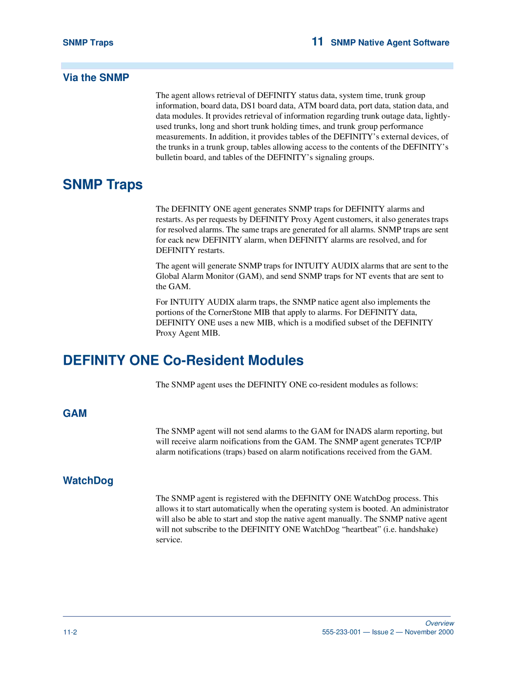 Avaya 555-233-001 manual Snmp Traps, Definity ONE Co-Resident Modules, Via the Snmp, WatchDog 