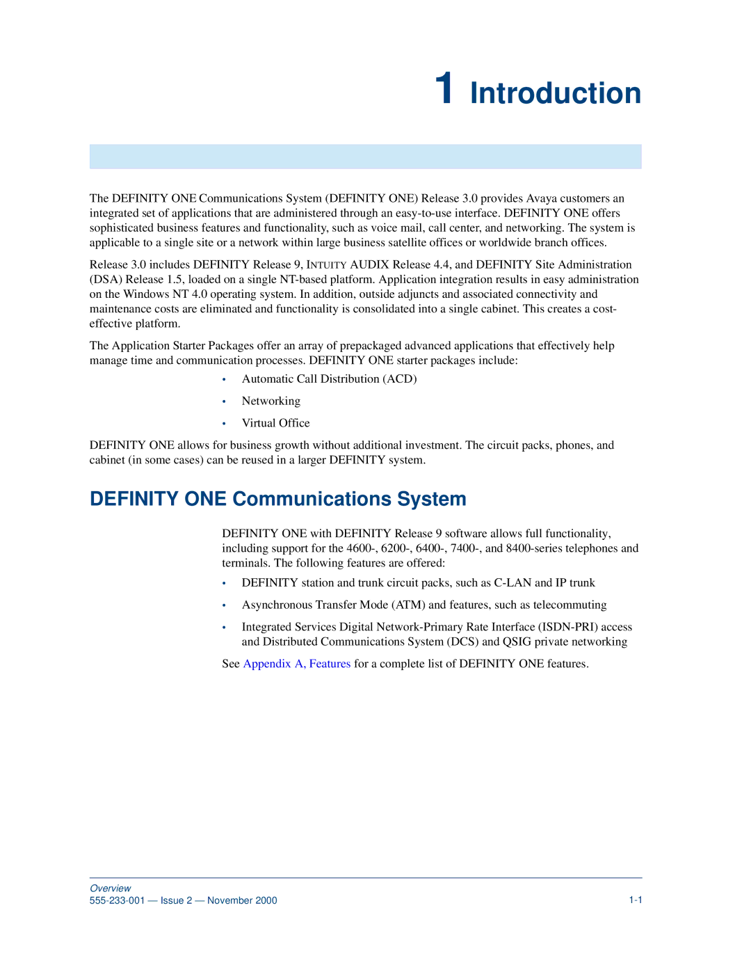 Avaya 555-233-001 manual Introduction, Definity ONE Communications System 