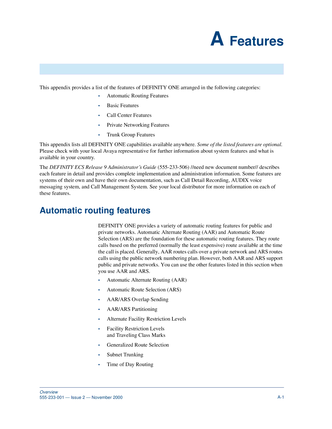 Avaya 555-233-001 manual Features, Automatic routing features 