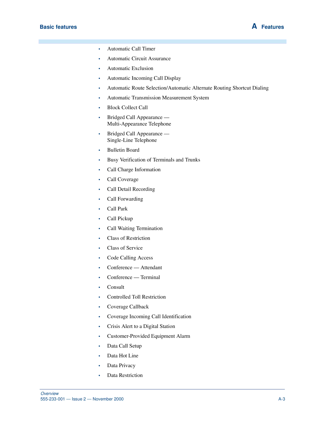 Avaya 555-233-001 manual Basic features Features 