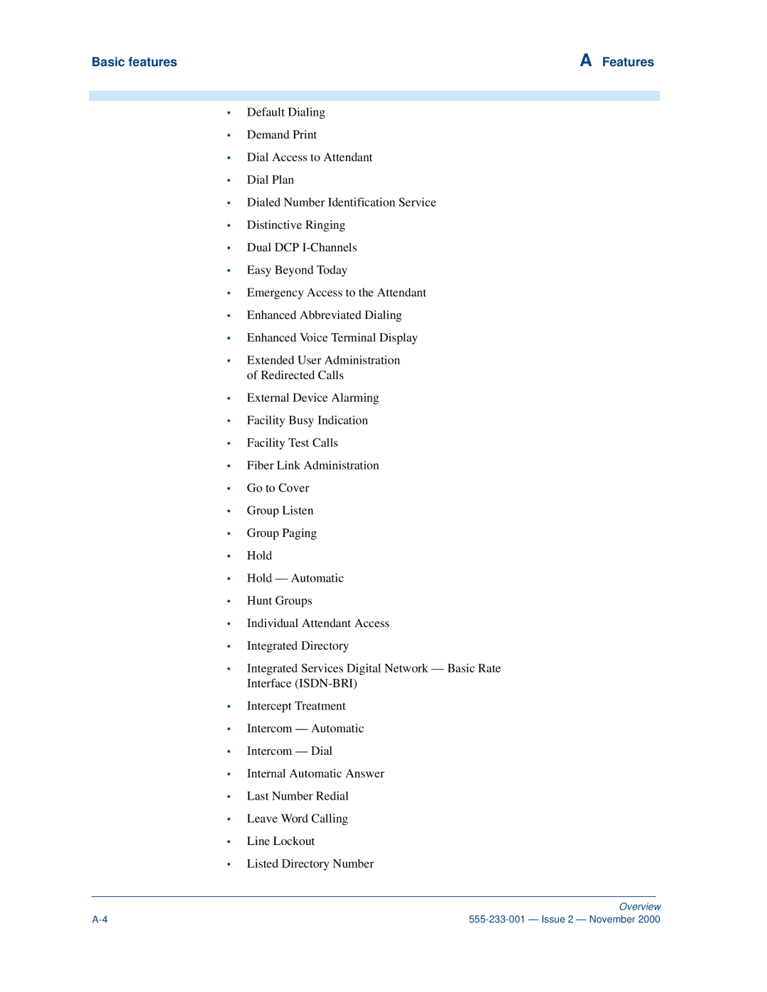 Avaya 555-233-001 manual Basic features Features 