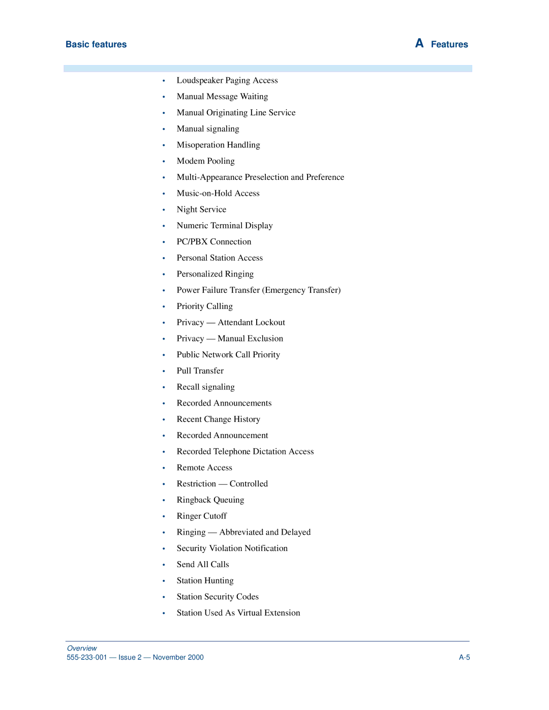 Avaya 555-233-001 manual Basic features Features 