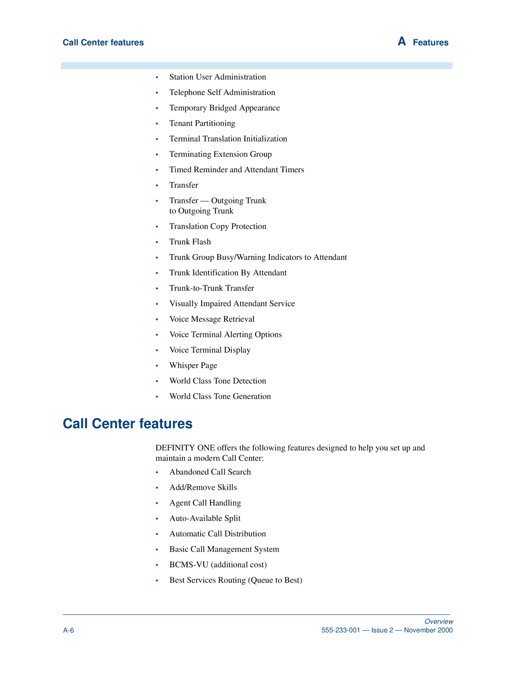 Avaya 555-233-001 manual Call Center features Features 