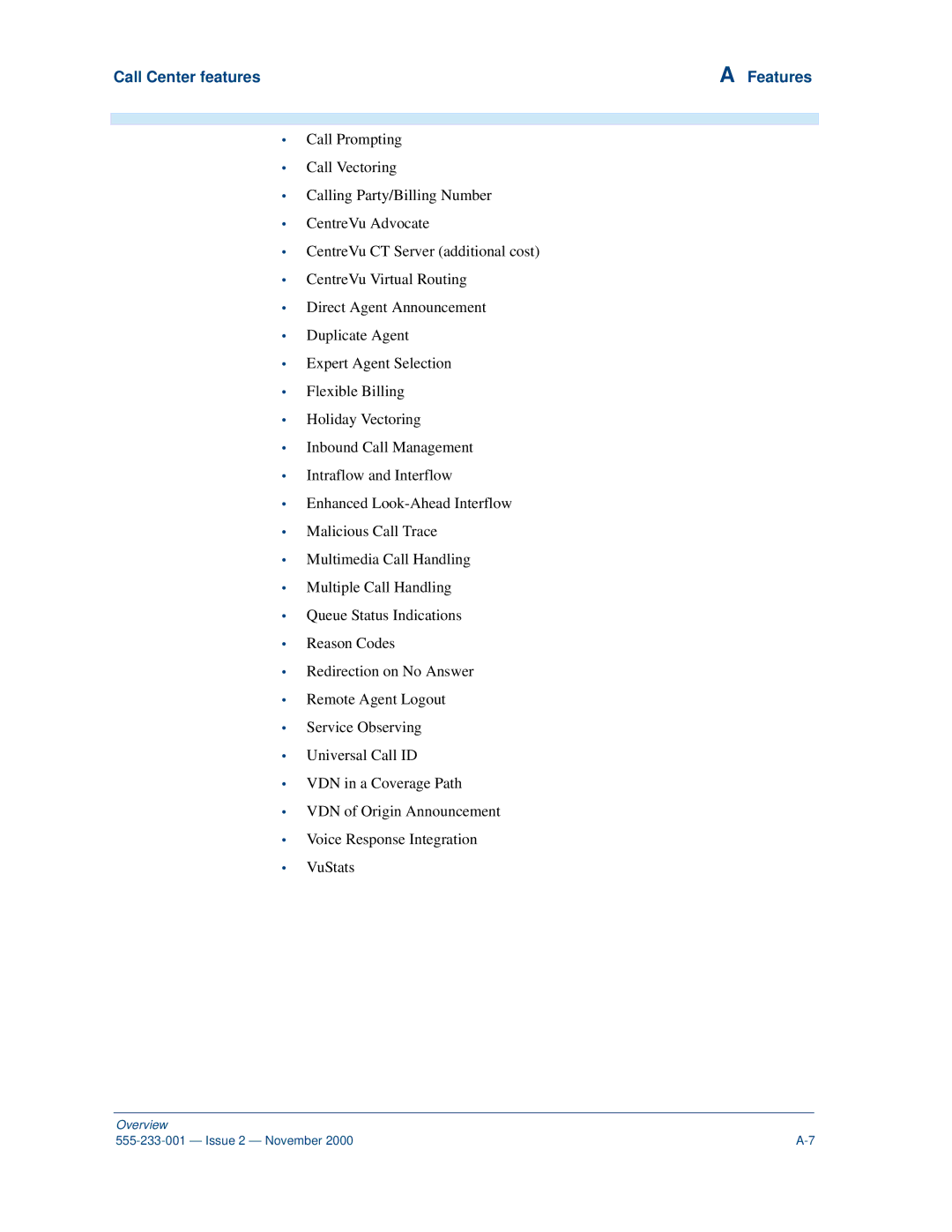 Avaya 555-233-001 manual Call Center features Features 