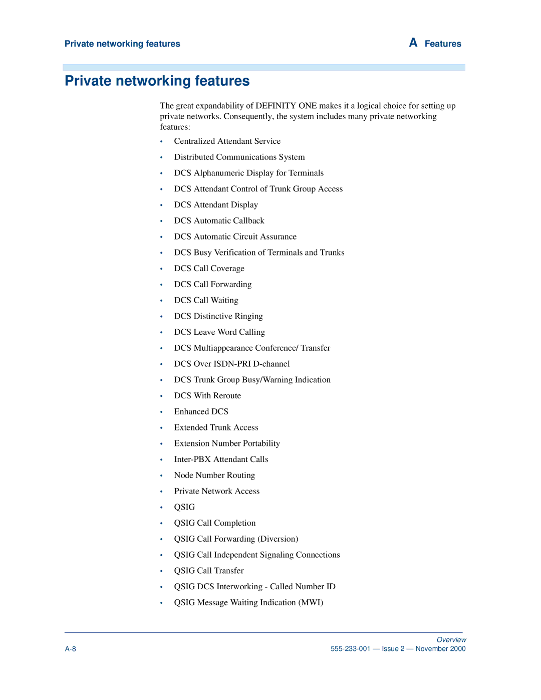 Avaya 555-233-001 manual Private networking features Features 