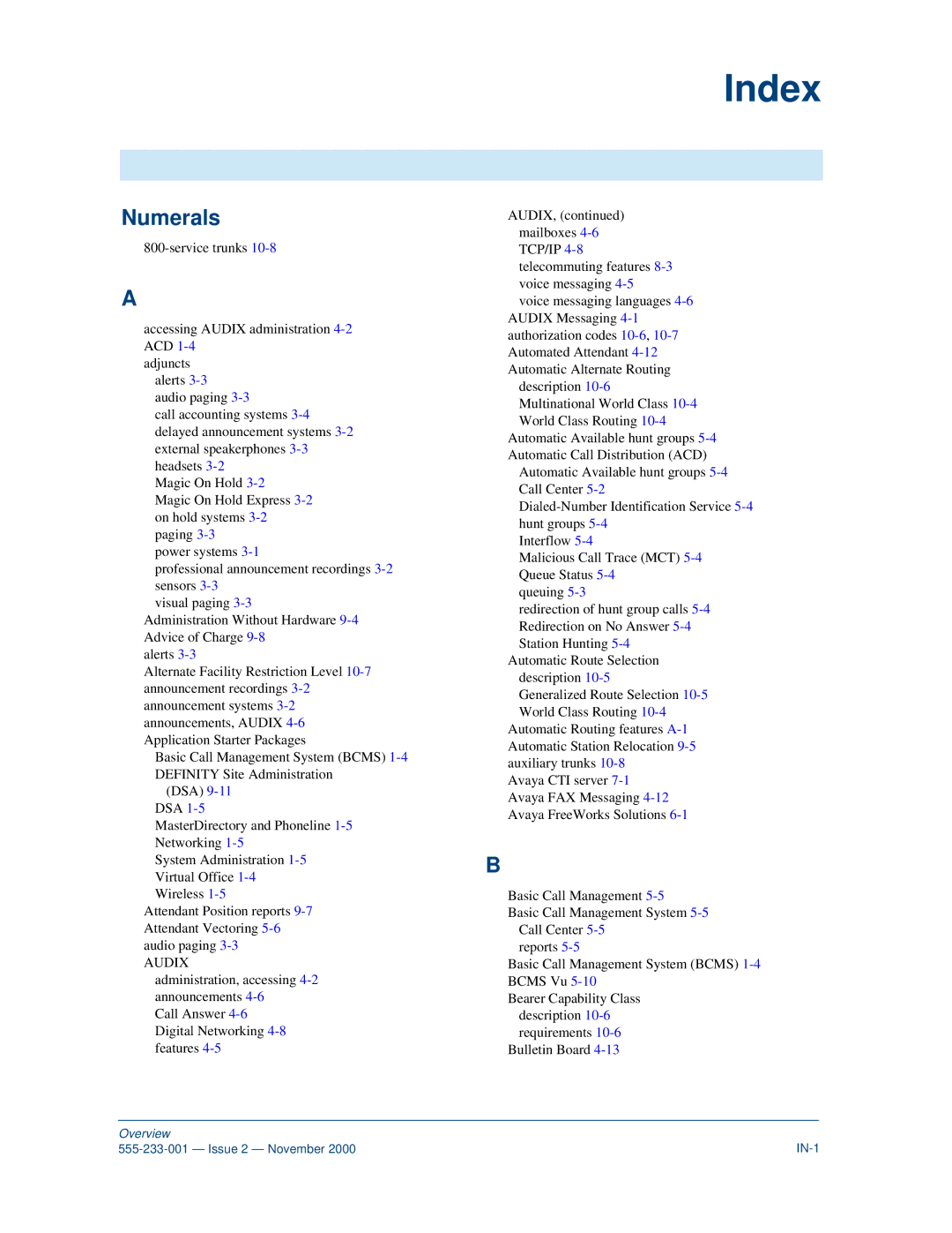 Avaya 555-233-001 manual Index, Numerals 