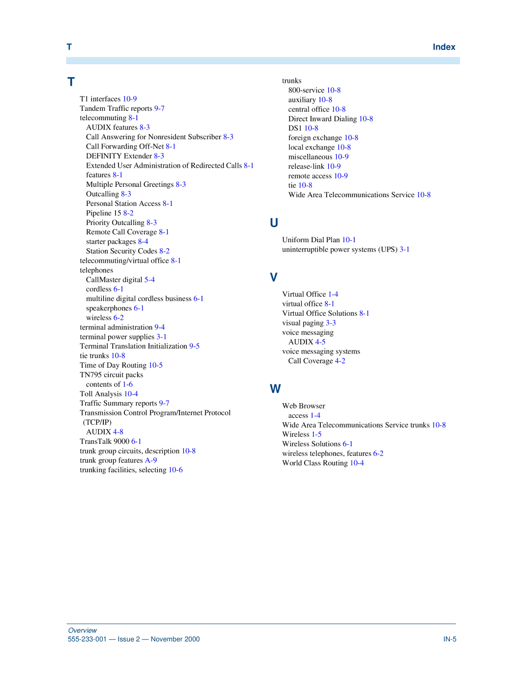 Avaya 555-233-001 manual Overview Issue 2 November IN-5 