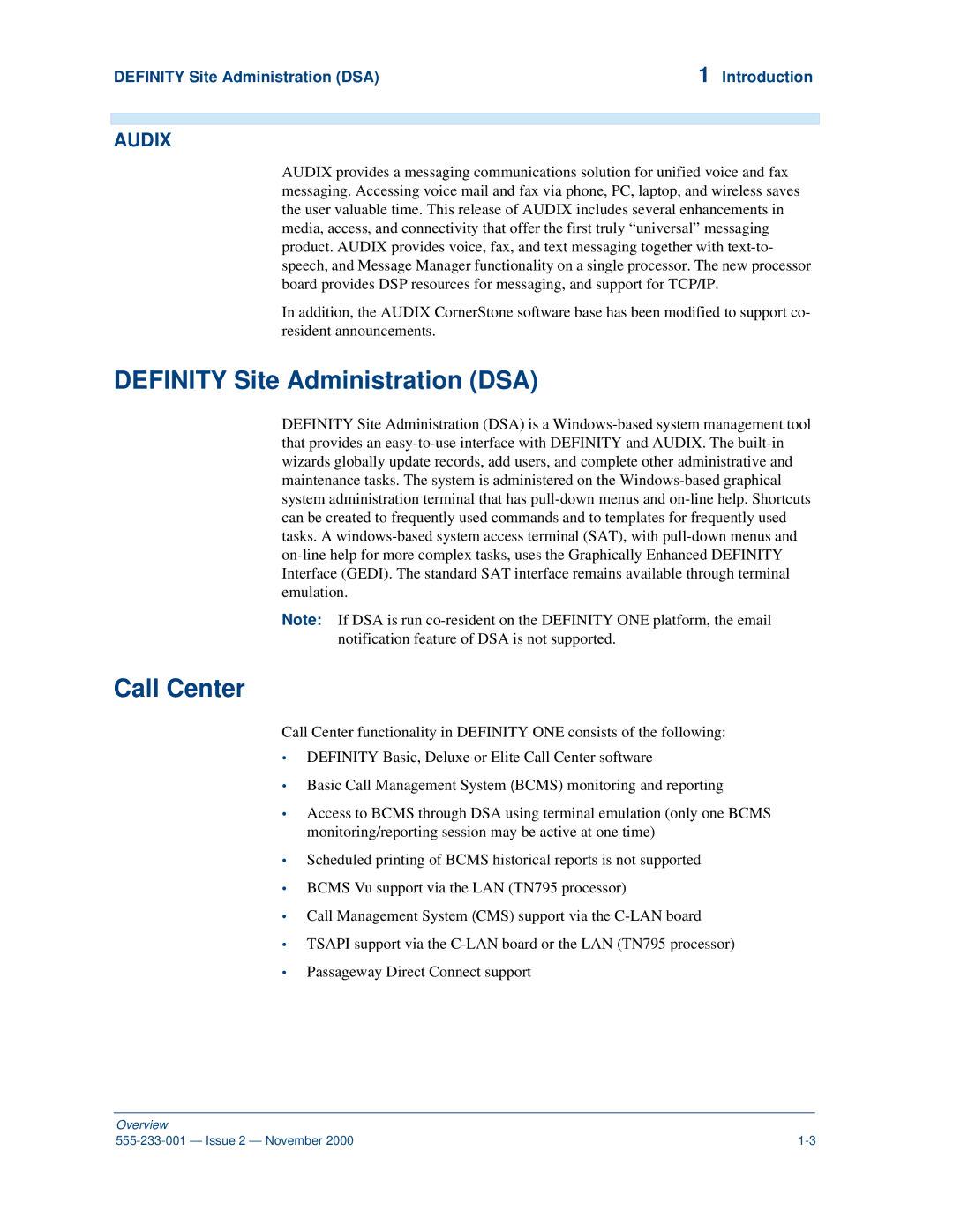 Avaya 555-233-001 manual Call Center, Definity Site Administration DSA Introduction 