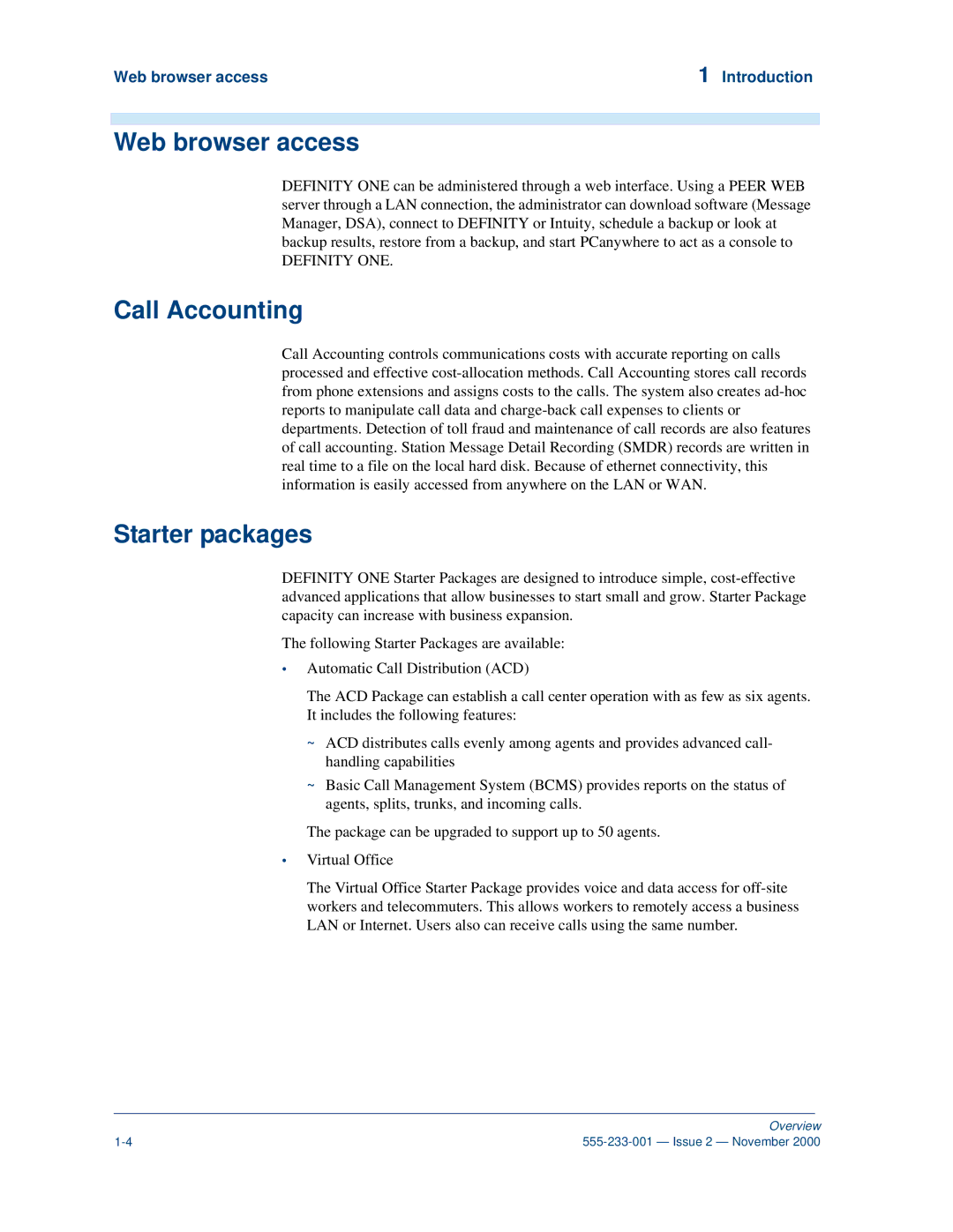 Avaya 555-233-001 manual Call Accounting, Starter packages, Web browser access Introduction 