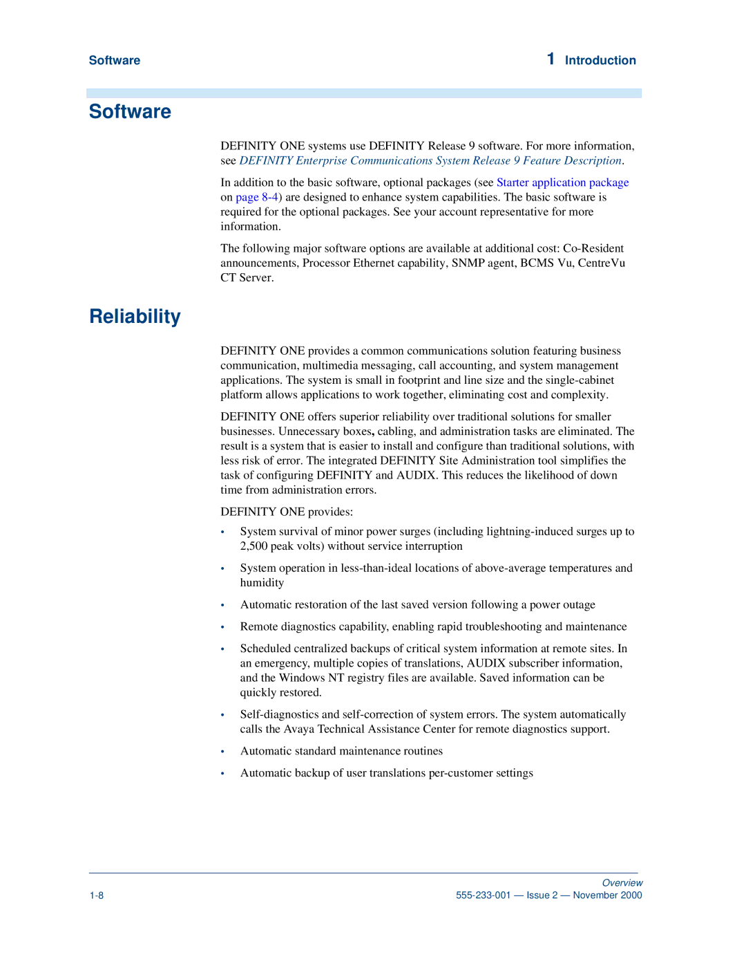 Avaya 555-233-001 manual Reliability, Software Introduction 
