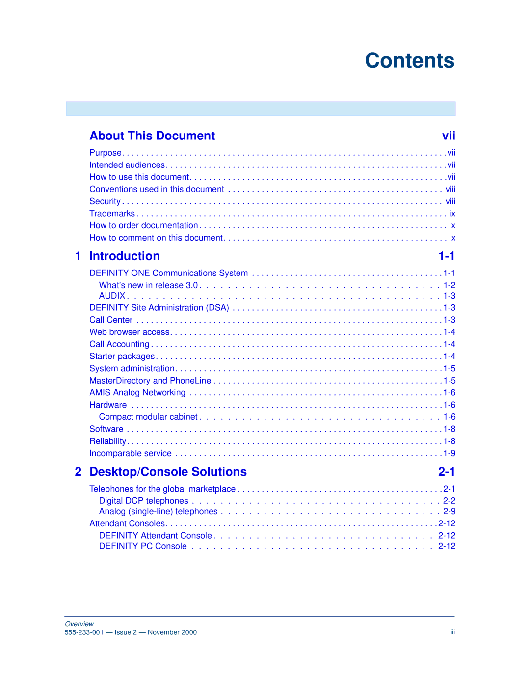 Avaya 555-233-001 manual Contents 