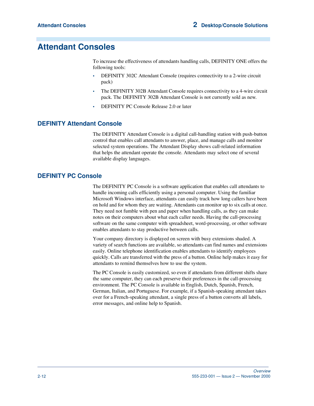 Avaya 555-233-001 manual Attendant Consoles, Definity Attendant Console, Definity PC Console 