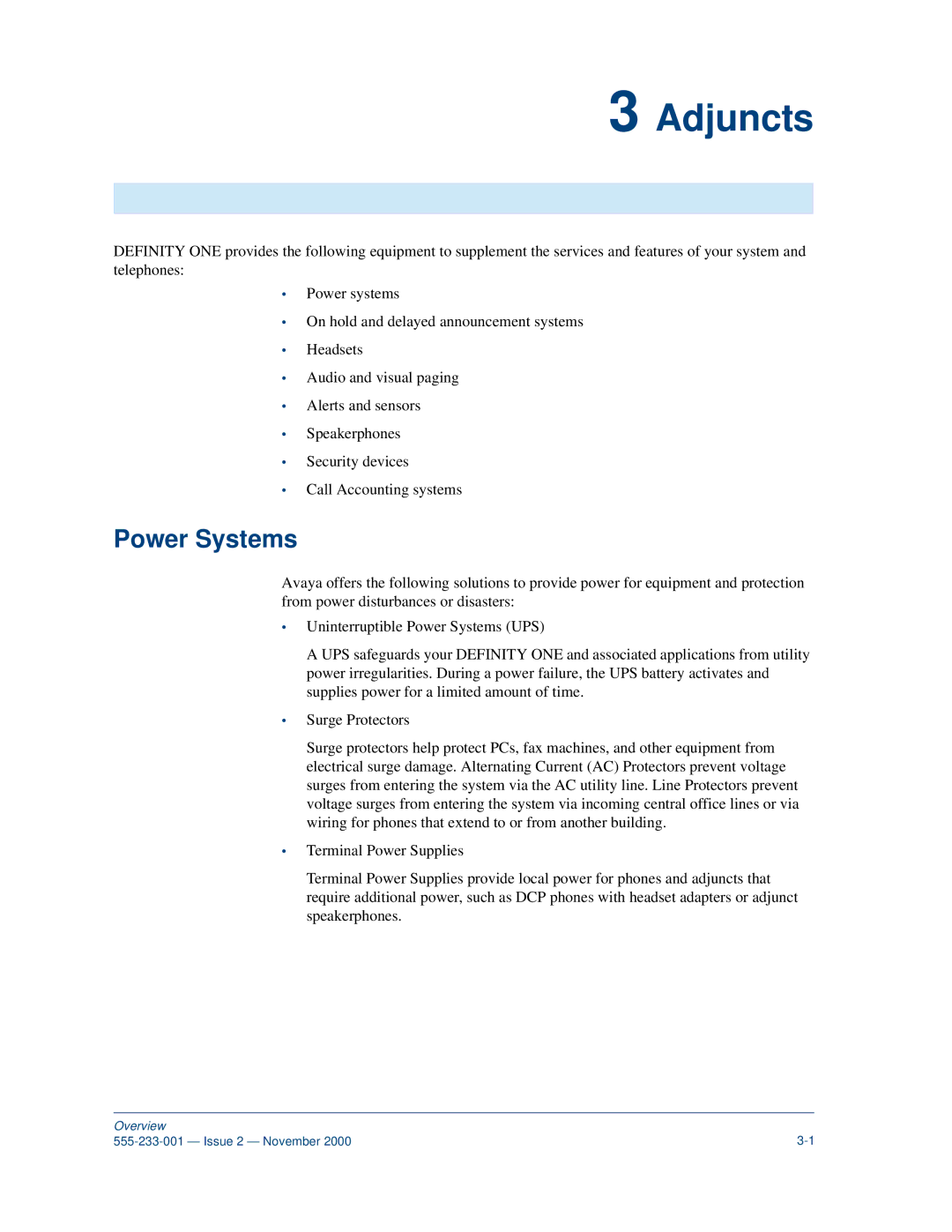 Avaya 555-233-001 manual Adjuncts, Power Systems 