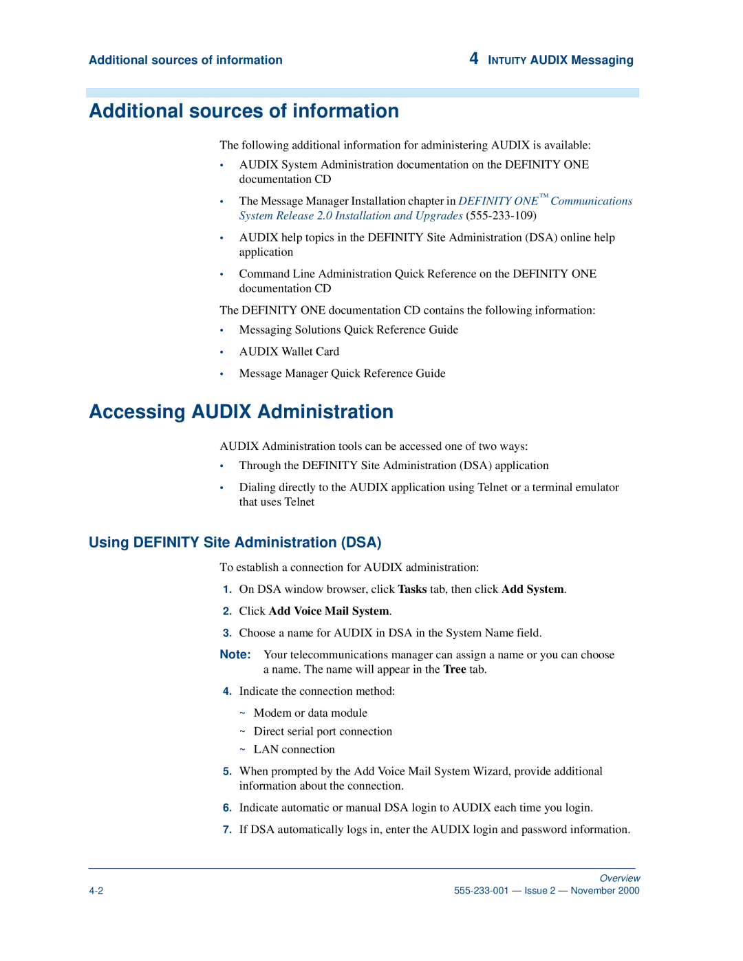 Avaya 555-233-001 manual Additional sources of information, Accessing Audix Administration 