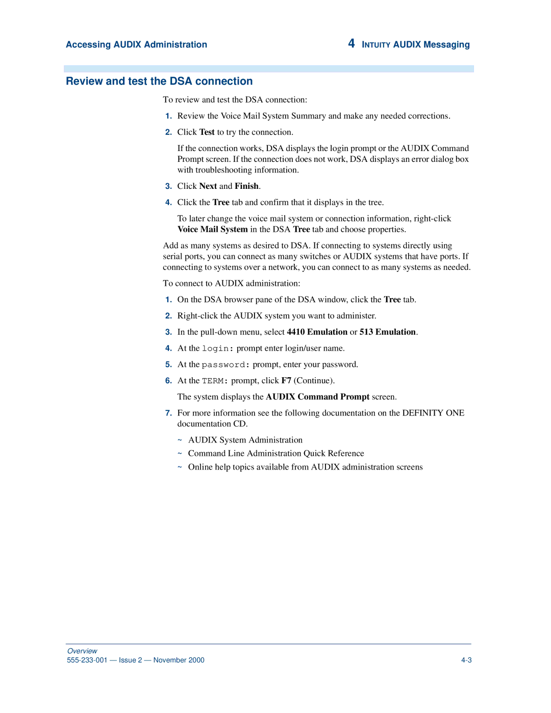 Avaya 555-233-001 manual Review and test the DSA connection, Accessing Audix Administration Ntuity Audix Messaging 