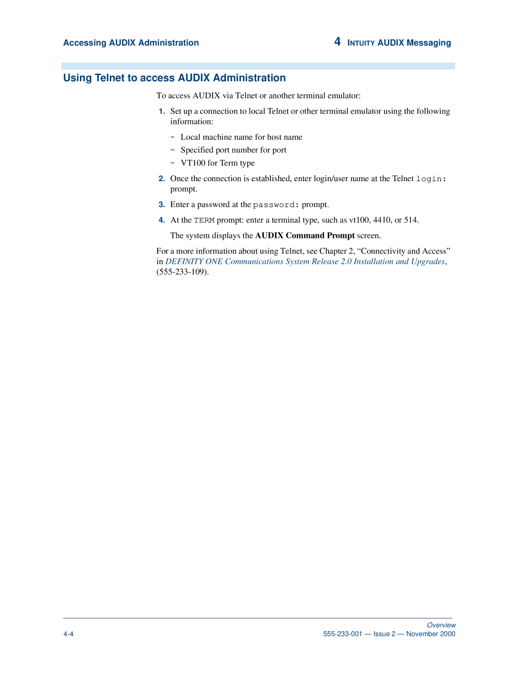 Avaya 555-233-001 manual Using Telnet to access Audix Administration 
