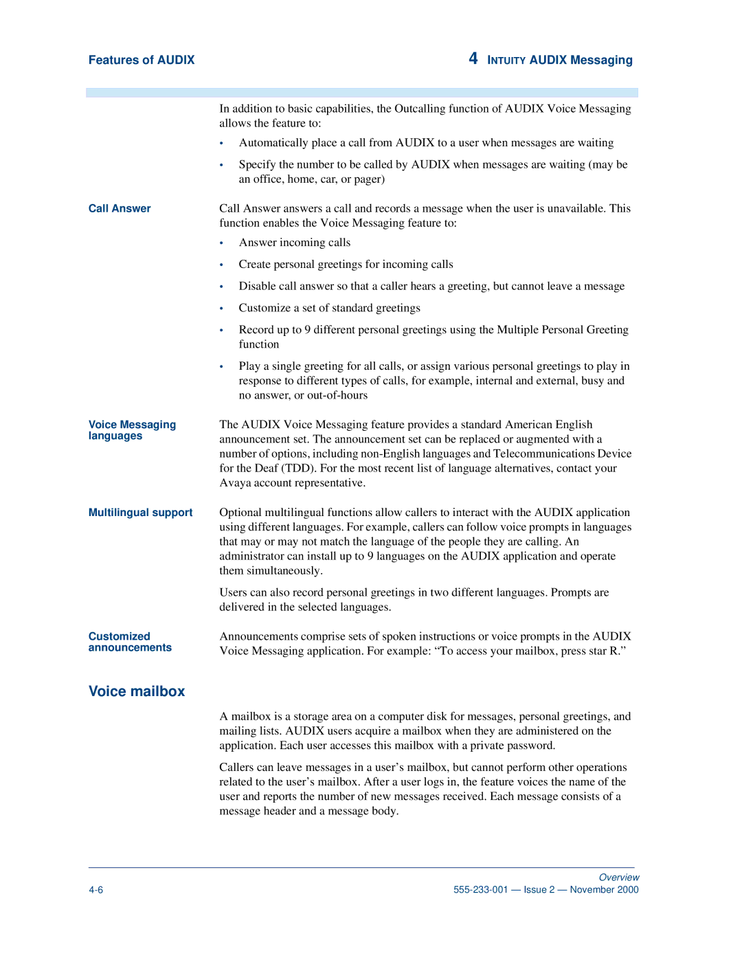 Avaya 555-233-001 manual Voice mailbox, Features of Audix Intuity Audix Messaging 