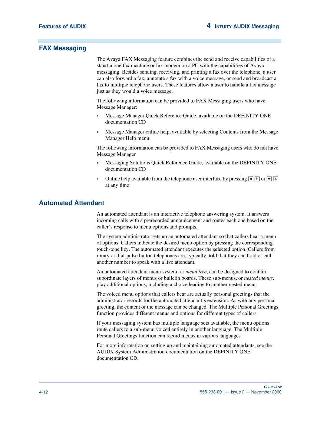 Avaya 555-233-001 manual FAX Messaging, Automated Attendant 