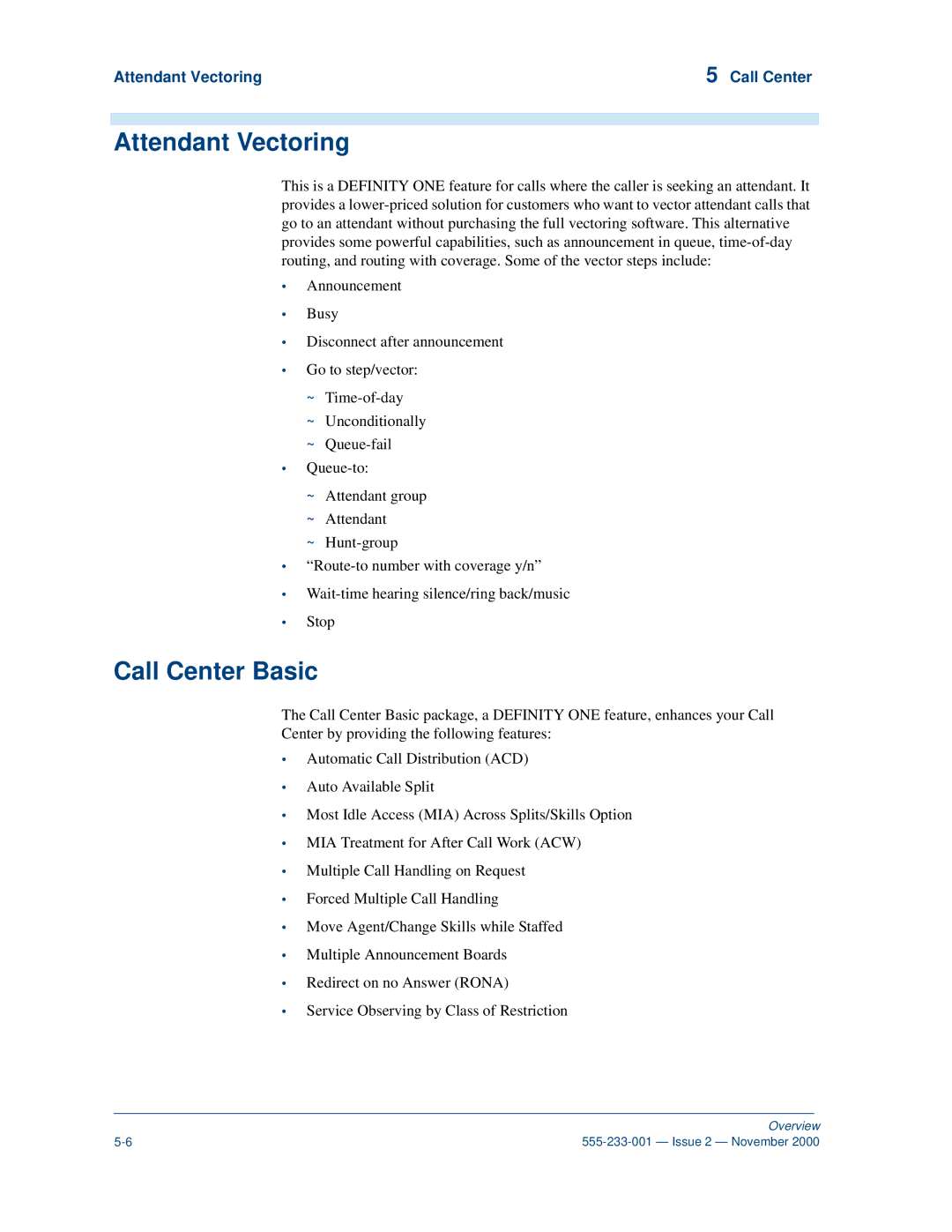 Avaya 555-233-001 manual Call Center Basic, Attendant Vectoring Call Center 