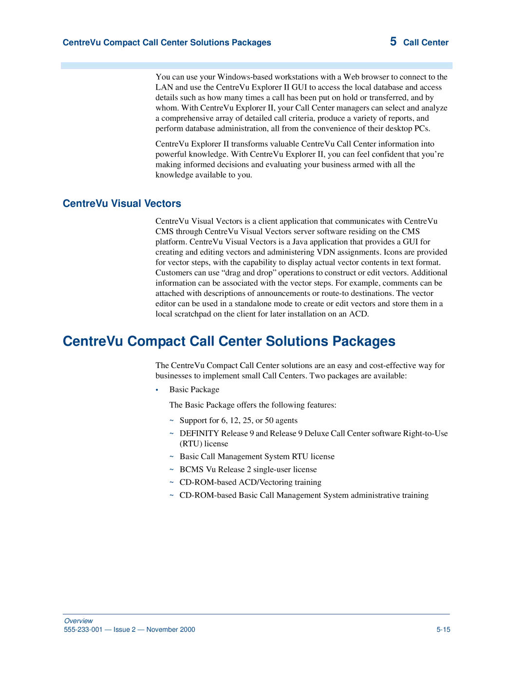 Avaya 555-233-001 manual CentreVu Compact Call Center Solutions Packages, CentreVu Visual Vectors 