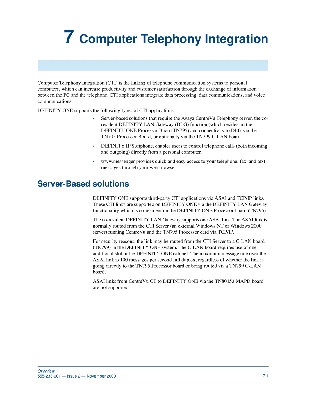 Avaya 555-233-001 manual Computer Telephony Integration, Server-Based solutions 