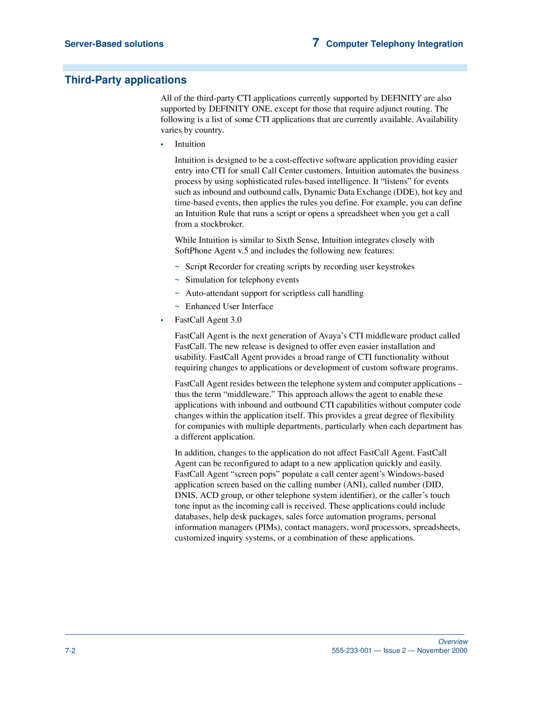 Avaya 555-233-001 manual Third-Party applications, Server-Based solutions Computer Telephony Integration 