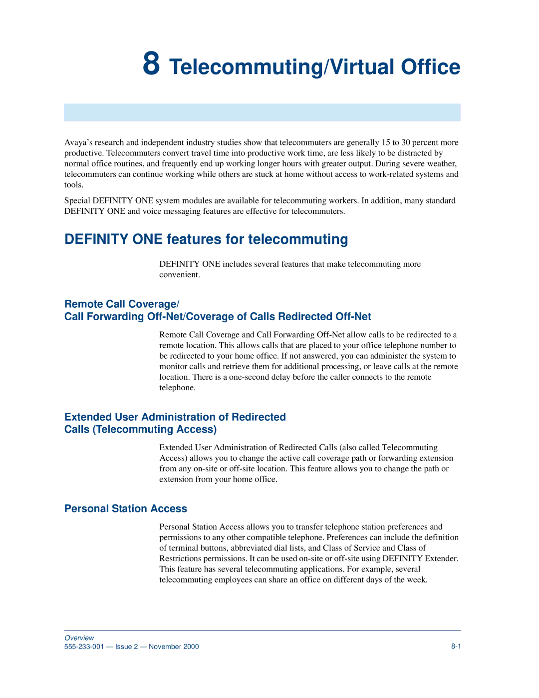 Avaya 555-233-001 manual Telecommuting/Virtual Office, Definity ONE features for telecommuting, Personal Station Access 