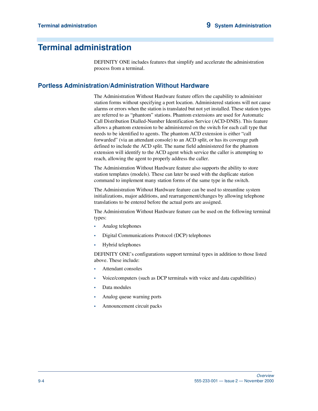 Avaya 555-233-001 manual Terminal administration, Portless Administration/Administration Without Hardware 