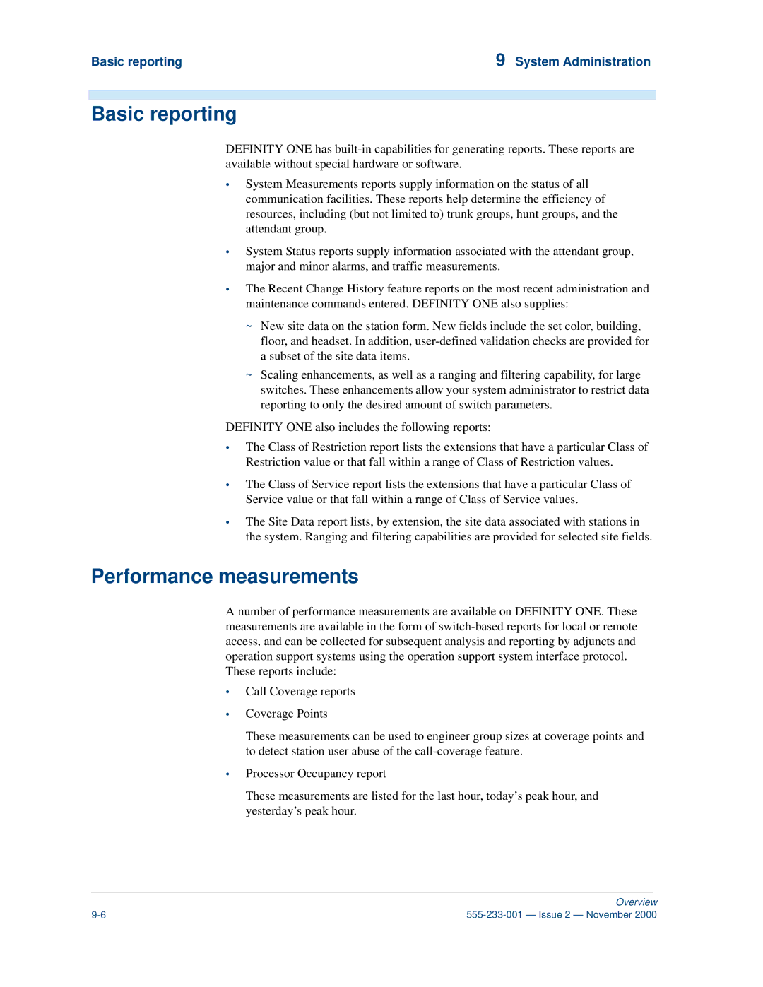 Avaya 555-233-001 manual Performance measurements, Basic reporting System Administration 