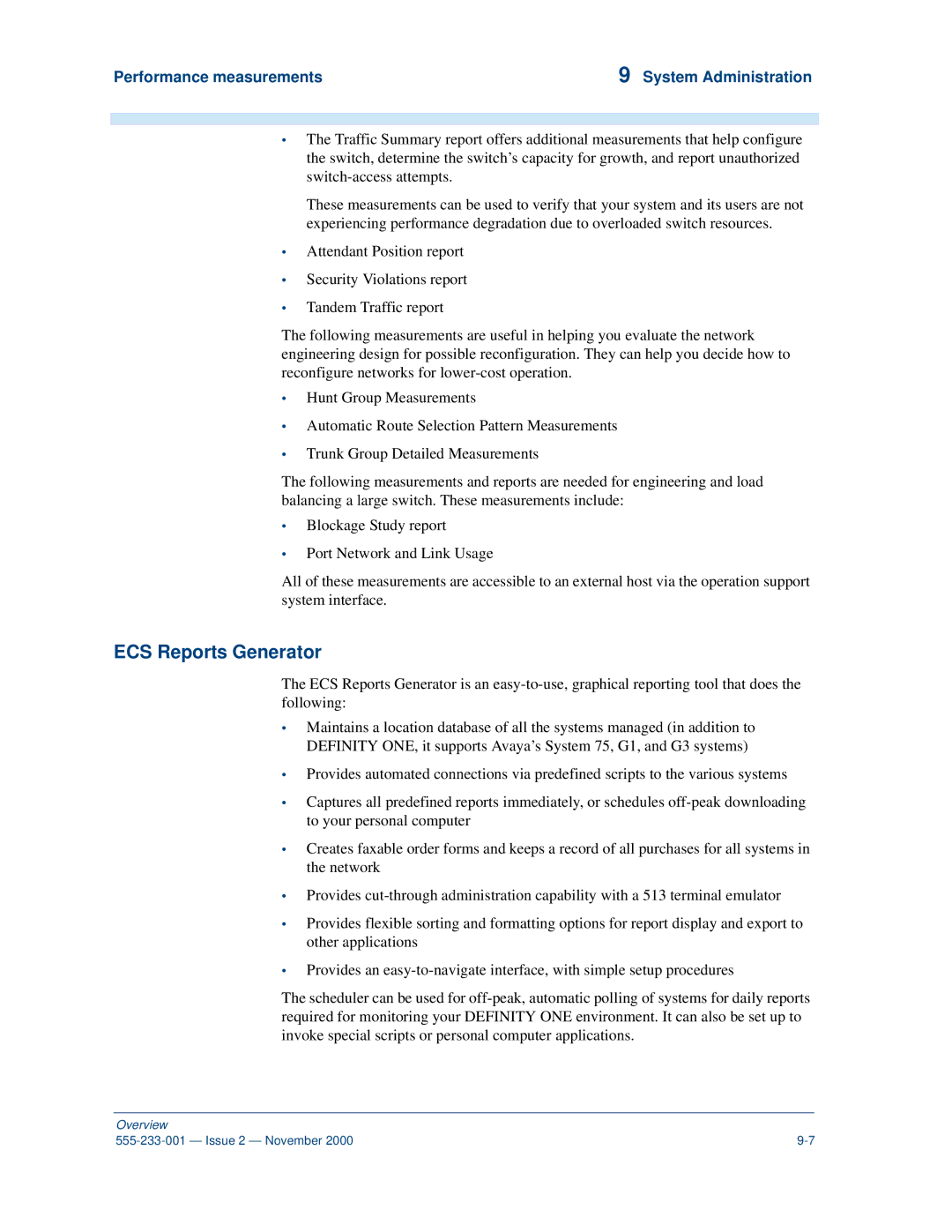 Avaya 555-233-001 manual ECS Reports Generator, Performance measurements System Administration 