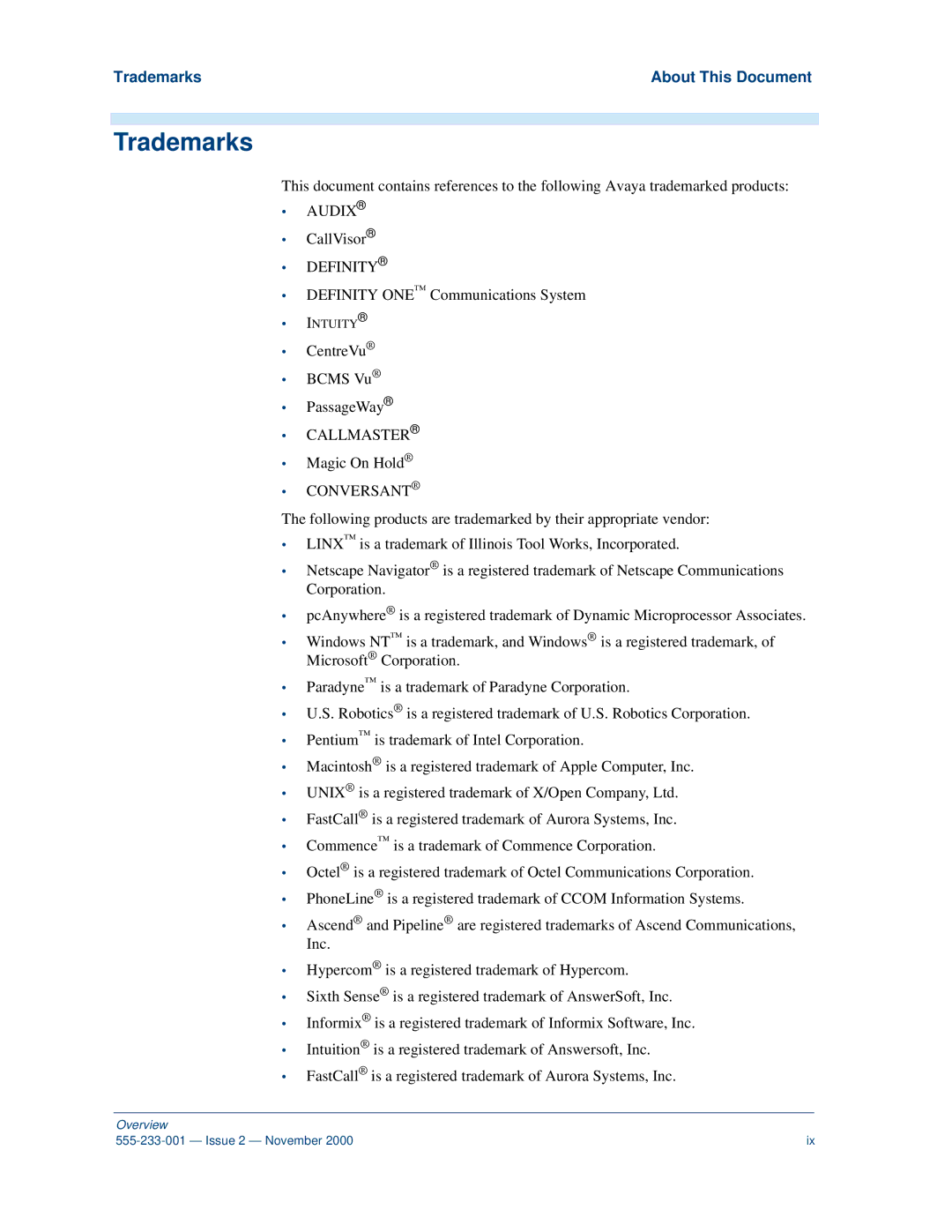 Avaya 555-233-001 manual Trademarks About This Document 