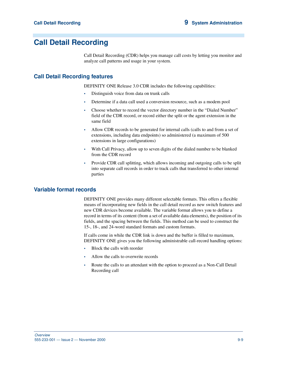 Avaya 555-233-001 Call Detail Recording features, Variable format records, Call Detail Recording System Administration 