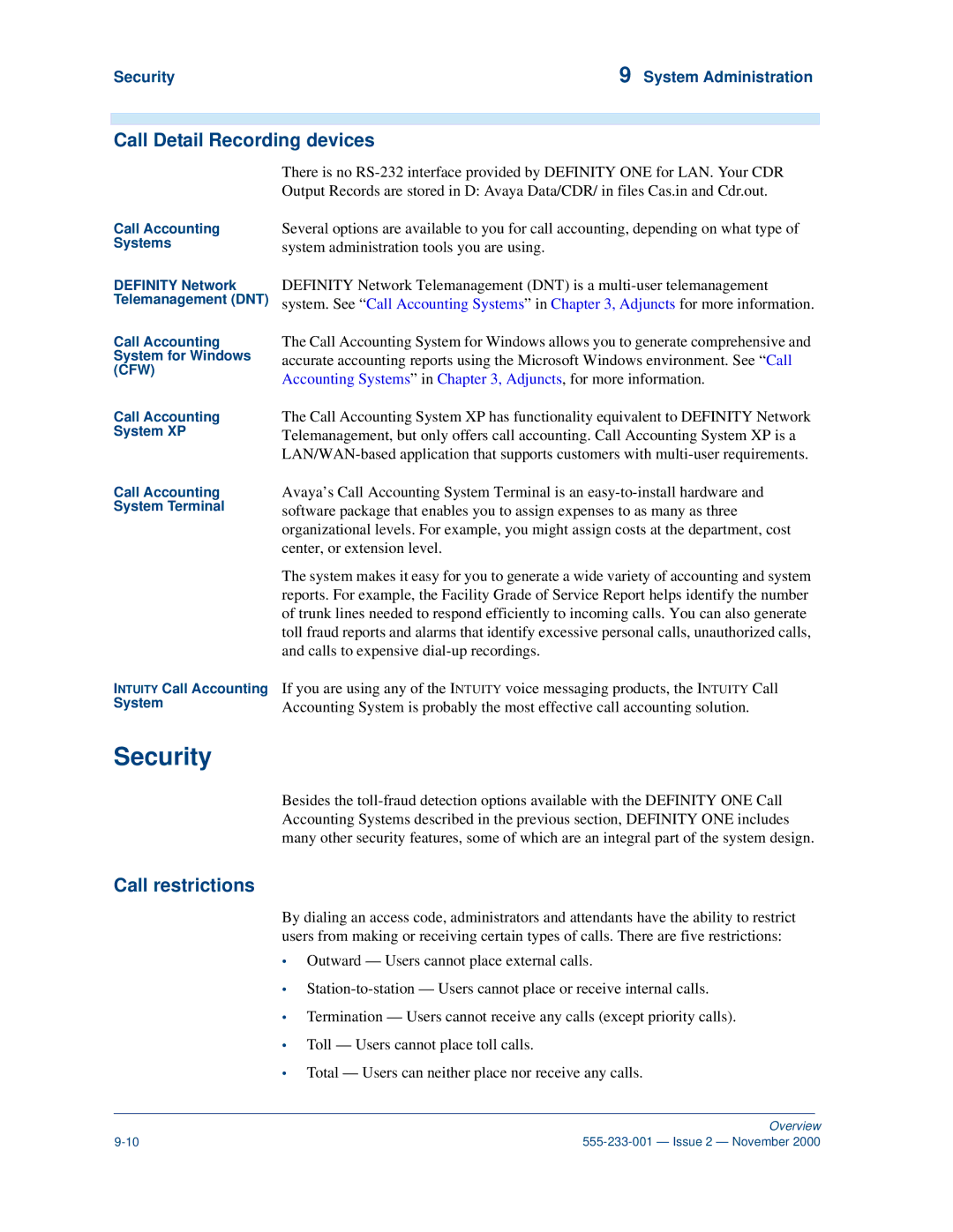 Avaya 555-233-001 manual Call Detail Recording devices, Call restrictions, Security System Administration 