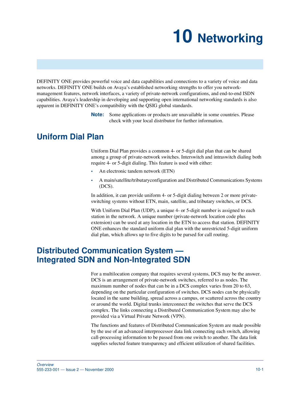 Avaya 555-233-001 manual Networking, Uniform Dial Plan 