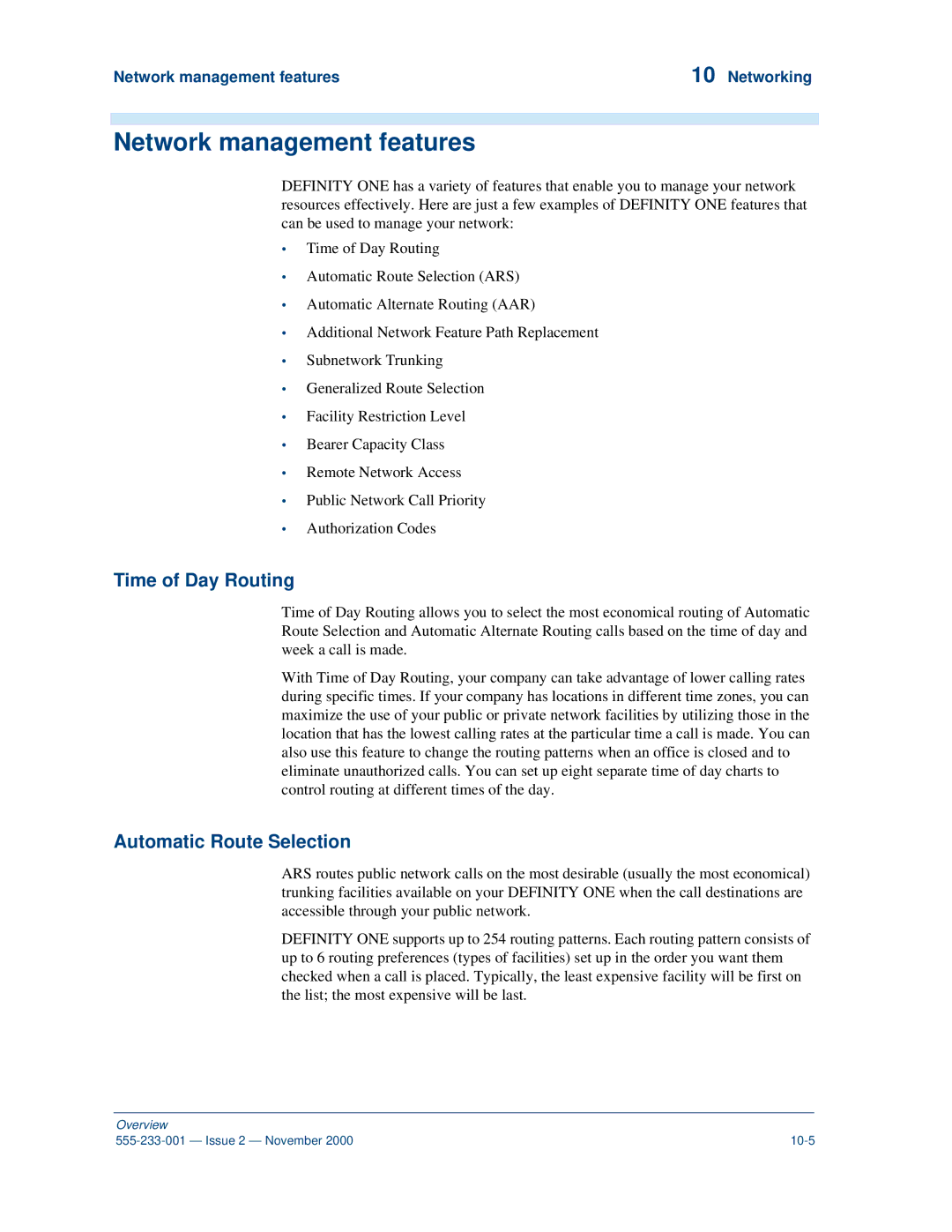 Avaya 555-233-001 manual Network management features, Time of Day Routing, Automatic Route Selection 