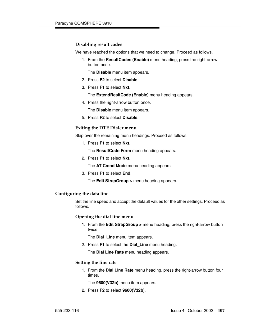 Avaya 555-233-116 Disabling result codes, Exiting the DTE Dialer menu, Configuring the data line, Setting the line rate 