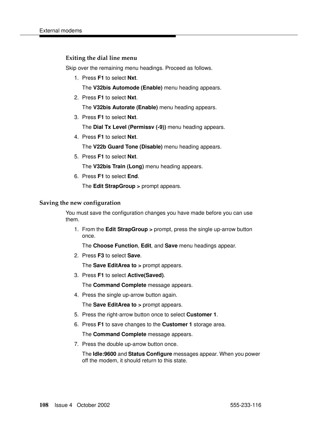 Avaya 555-233-116 Exiting the dial line menu, Saving the new configuration, Dial Tx Level Permissv -9 menu heading appears 