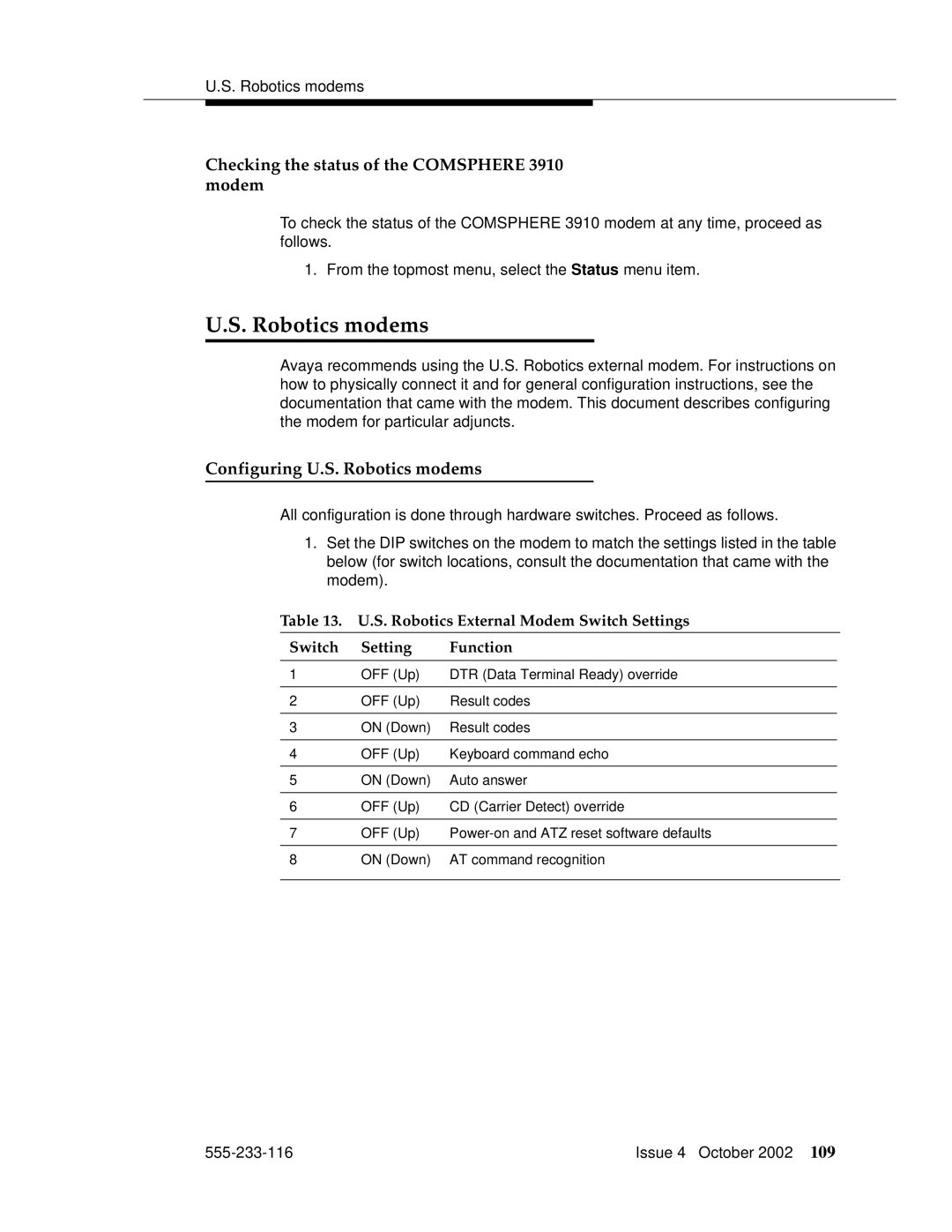 Avaya 555-233-116 manual Checking the status of the Comsphere 3910 modem, Configuring U.S. Robotics modems 