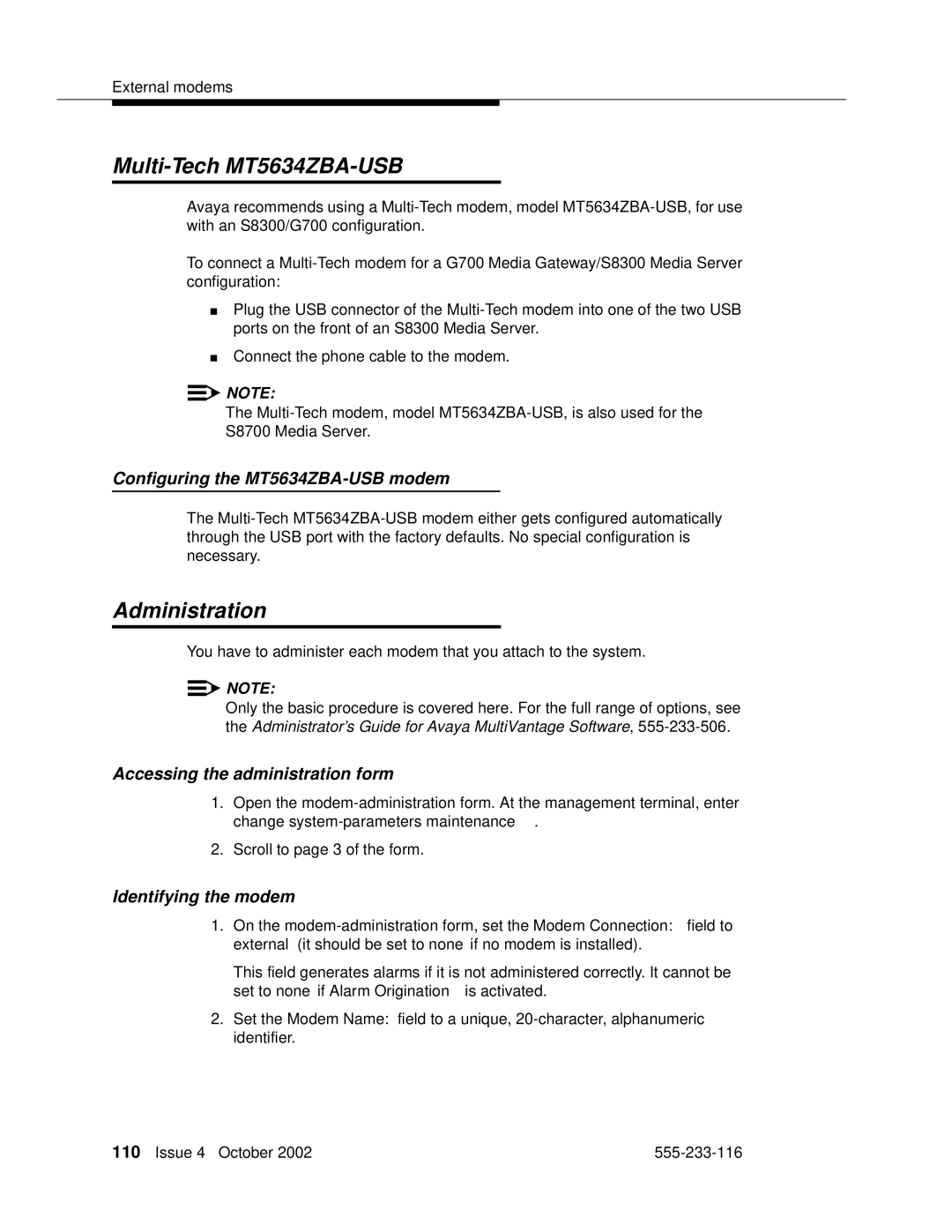 Avaya 555-233-116 Multi-Tech MT5634ZBA-USB, Administration, Configuring the MT5634ZBA-USB modem, Identifying the modem 