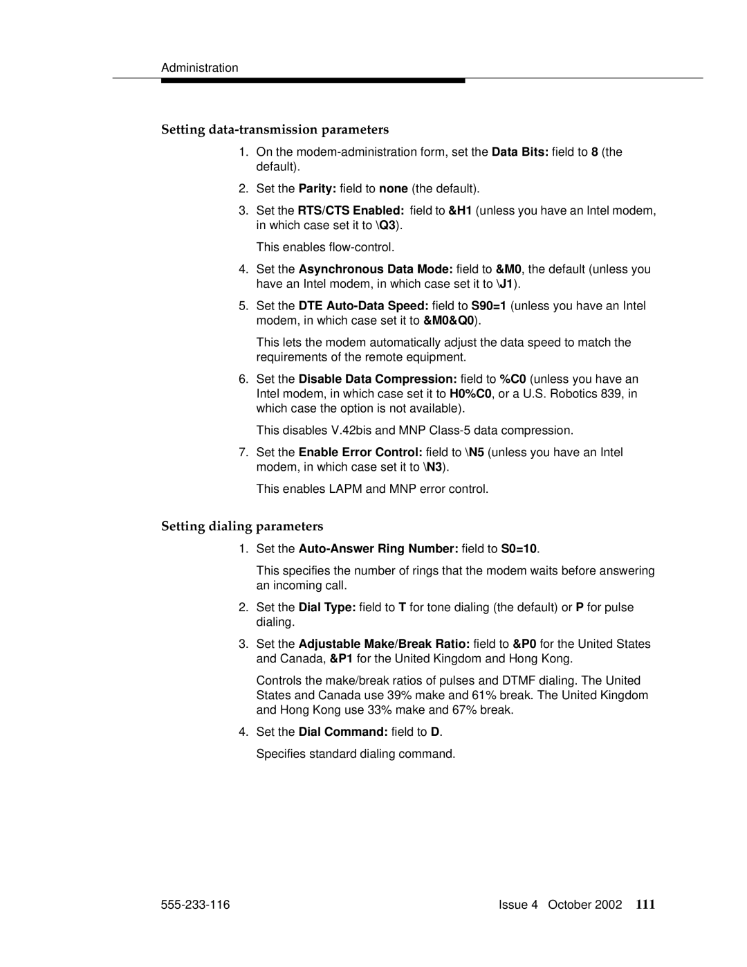 Avaya 555-233-116 manual Setting data-transmission parameters, Setting dialing parameters 