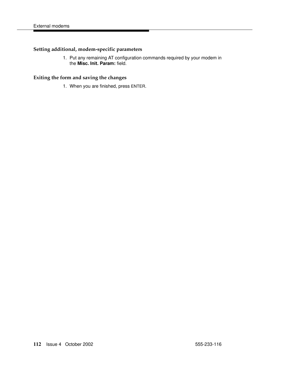 Avaya 555-233-116 manual Setting additional, modem-specific parameters, Exiting the form and saving the changes 