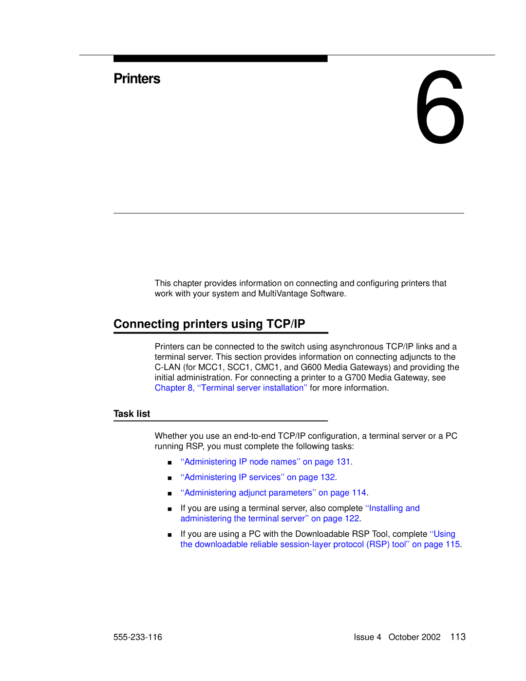 Avaya 555-233-116 manual Printers, Connecting printers using TCP/IP, Task list 