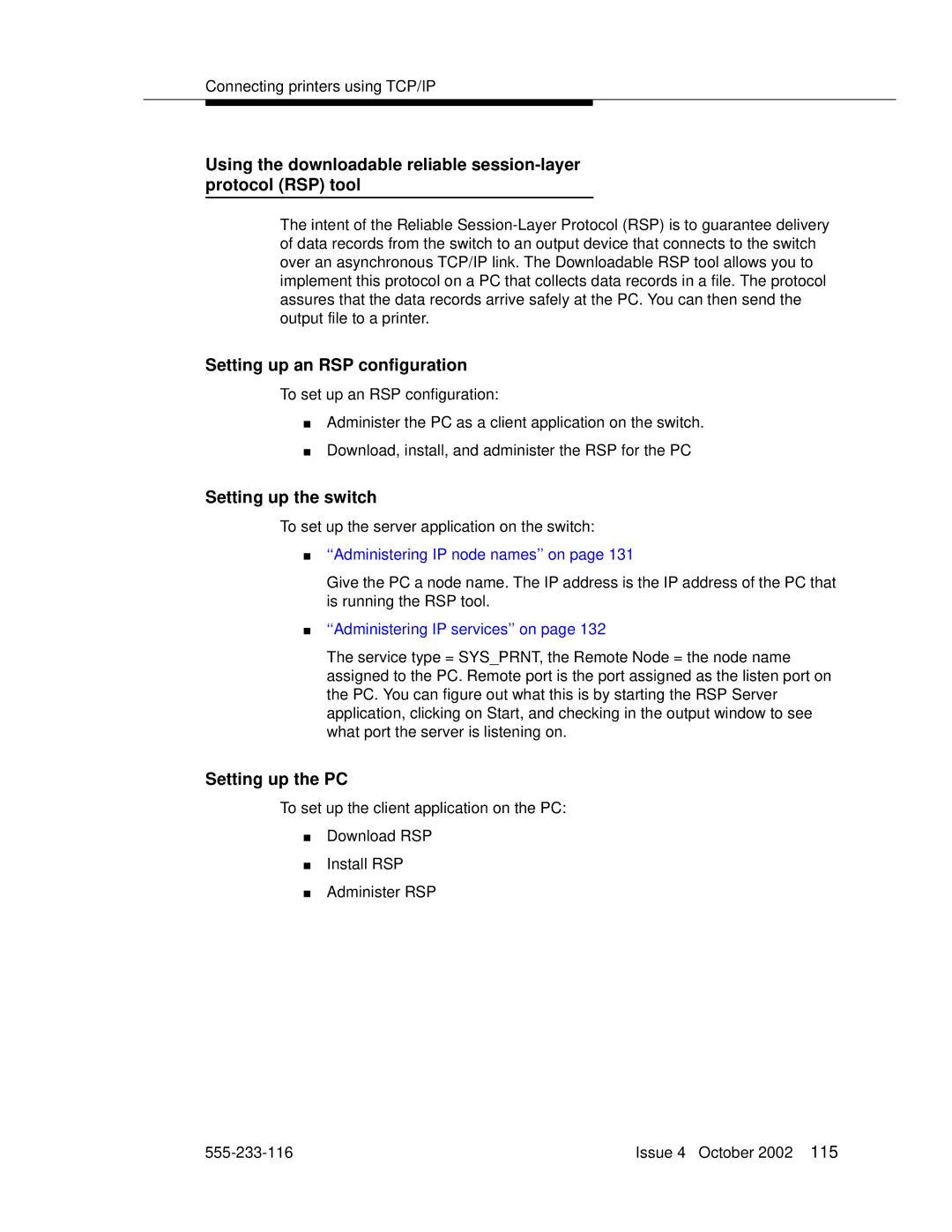 Avaya 555-233-116 manual Setting up an RSP configuration, Setting up the switch, Setting up the PC 