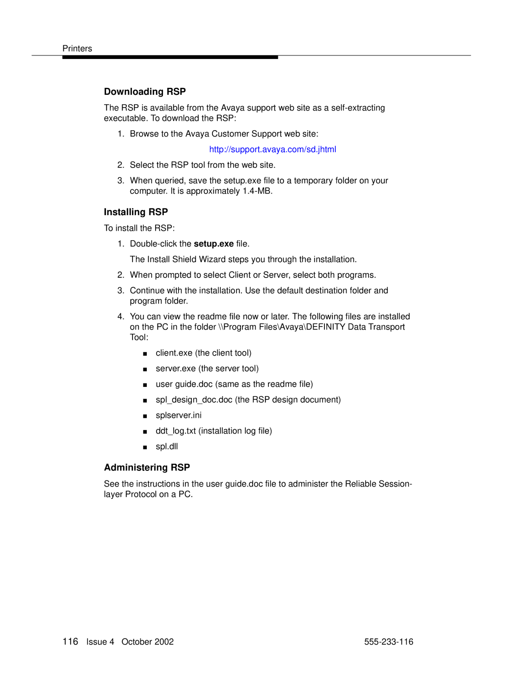 Avaya 555-233-116 manual Downloading RSP, Installing RSP, Administering RSP 