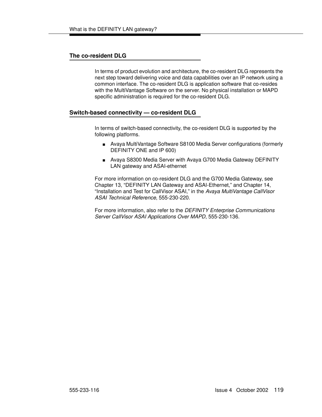 Avaya 555-233-116 manual Co-resident DLG, Switch-based connectivity co-resident DLG 