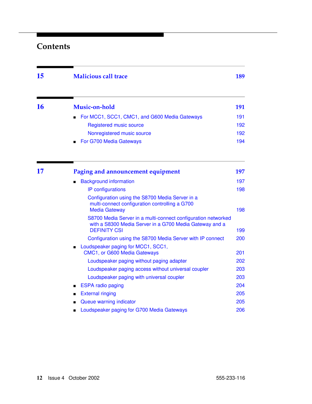 Avaya 555-233-116 manual Malicious call trace 189 Music-on-hold 191 