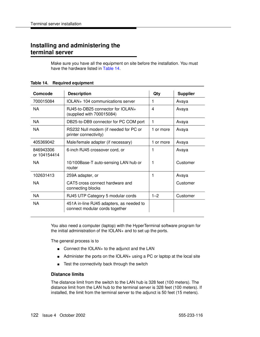 Avaya 555-233-116 manual Installing and administering the terminal server, Distance limits 