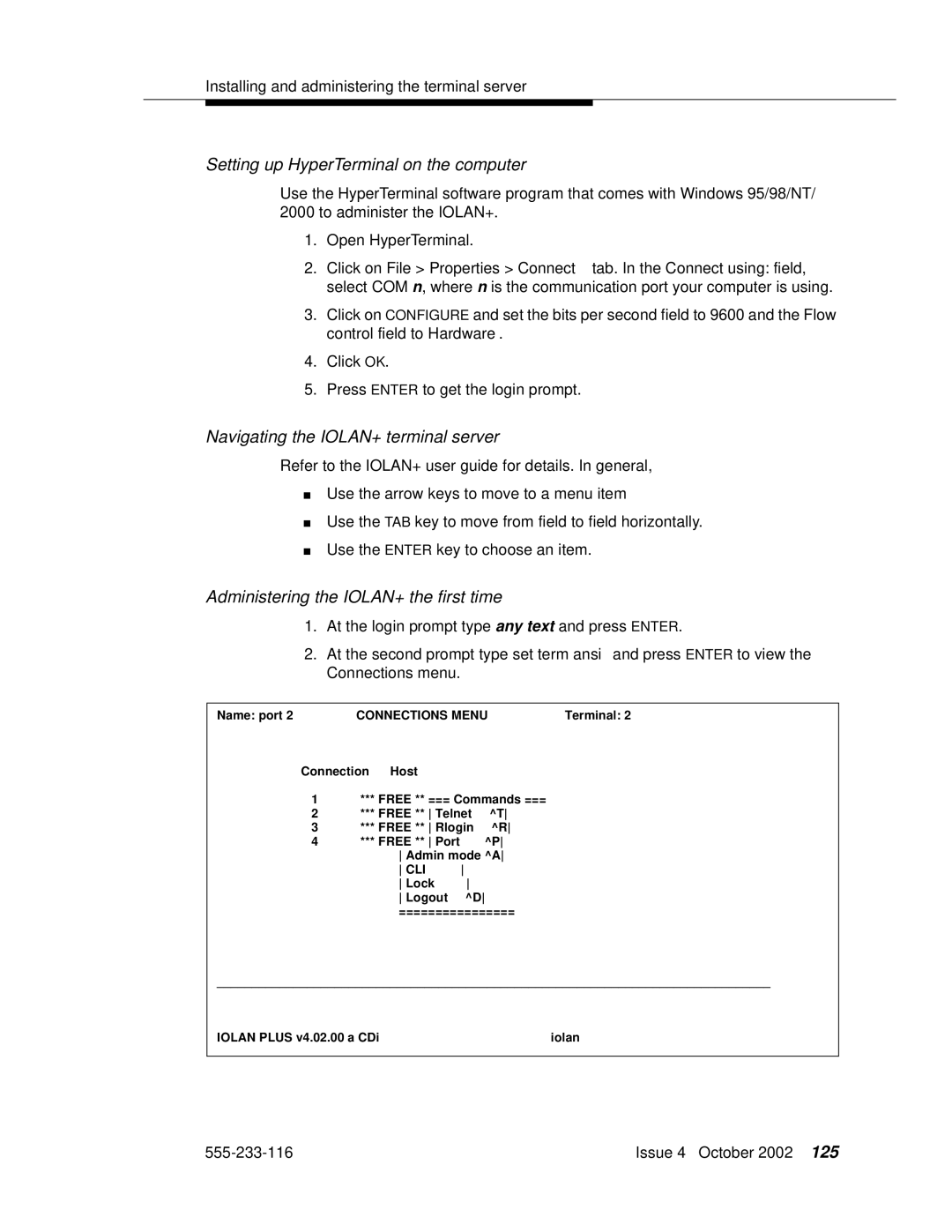 Avaya 555-233-116 manual Setting up HyperTerminal on the computer, Navigating the IOLAN+ terminal server 