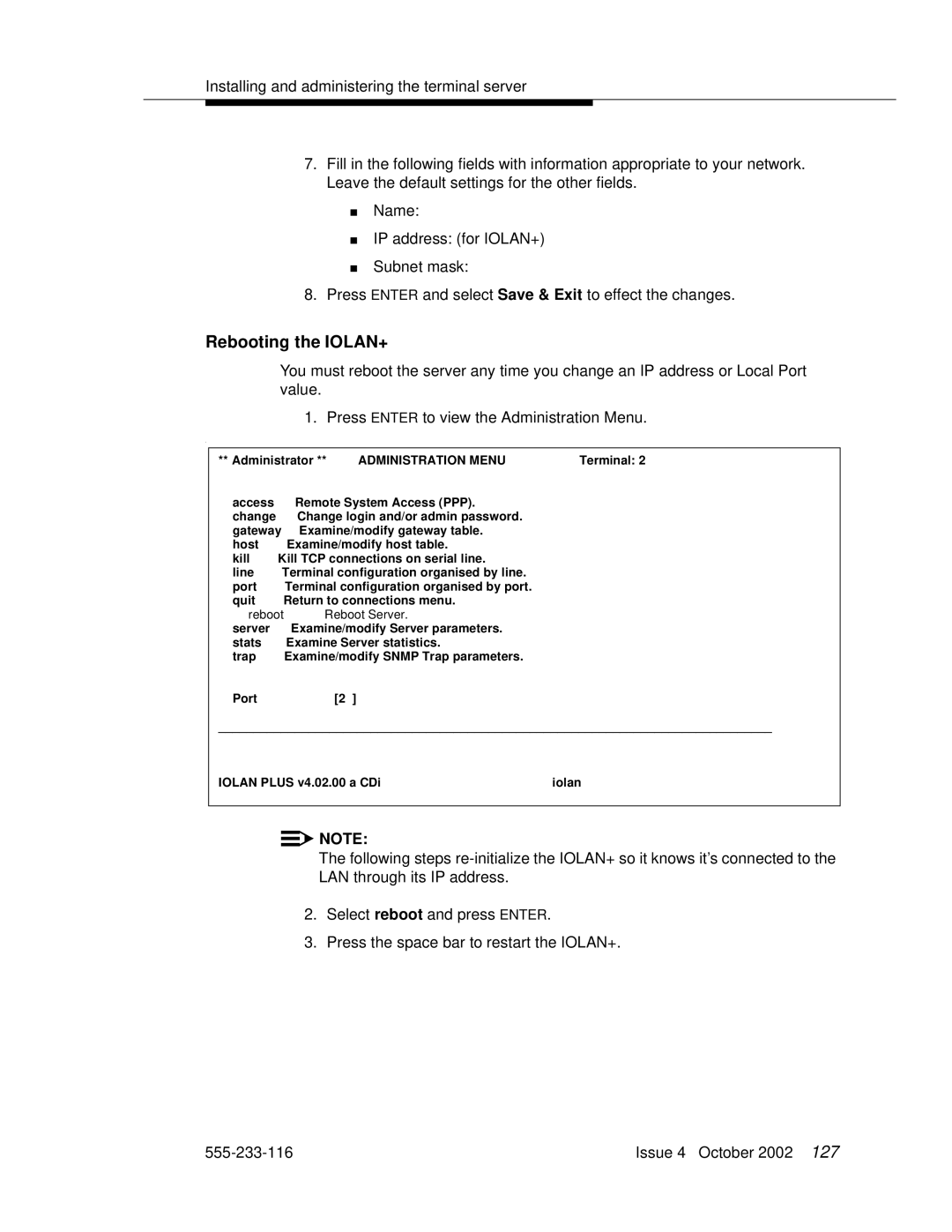 Avaya 555-233-116 manual Rebooting the IOLAN+, Reboot Reboot Server 