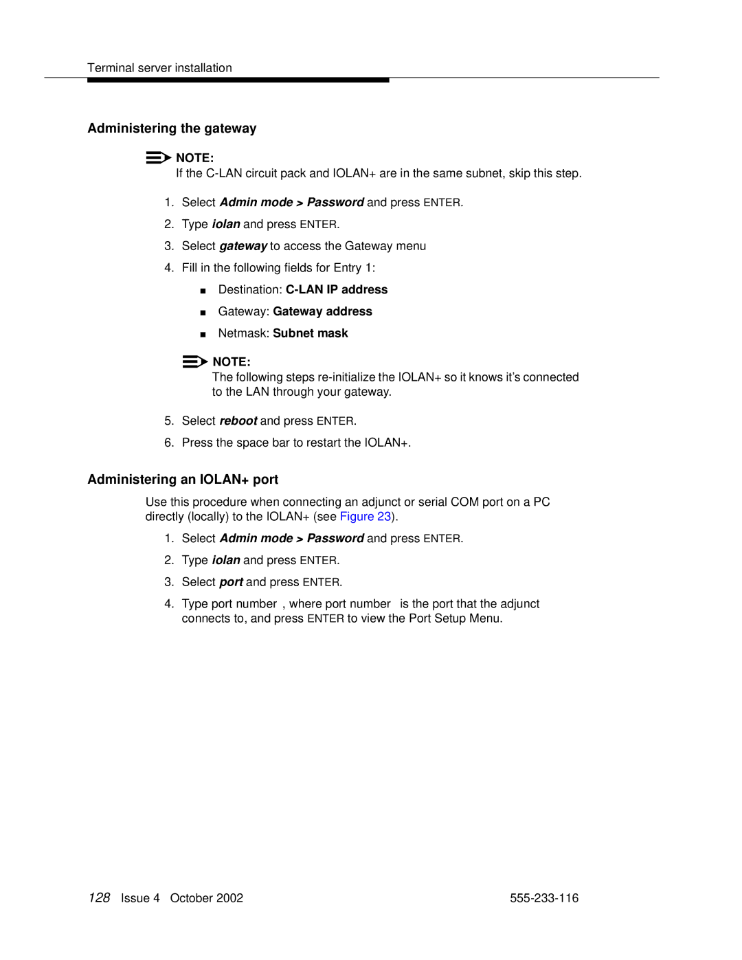 Avaya 555-233-116 manual Administering the gateway, Administering an IOLAN+ port 